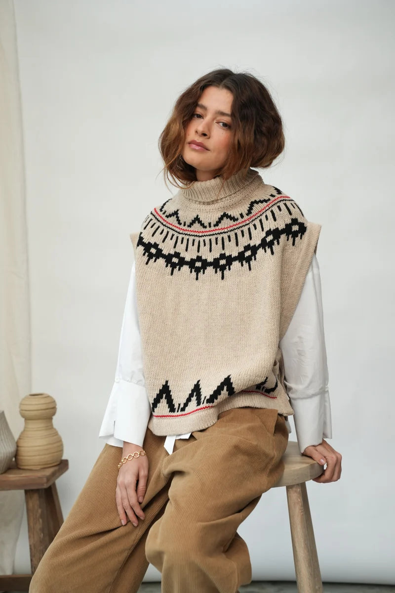 Kanon-Sue Recycled Wool Knitted Vest - Cream Marl Fairisle