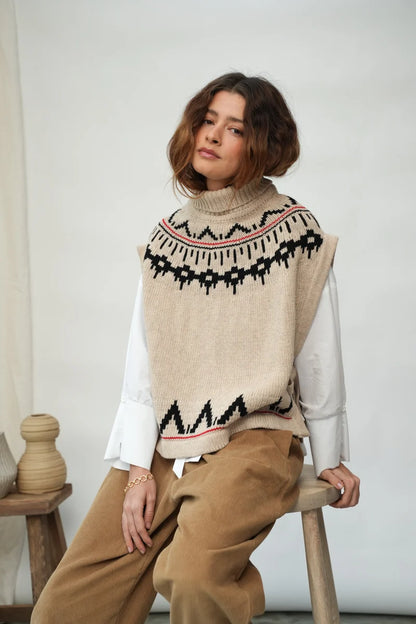 Kanon-Sue Recycled Wool Knitted Vest - Cream Marl Fairisle