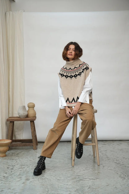 Kanon-Sue Recycled Wool Knitted Vest - Cream Marl Fairisle