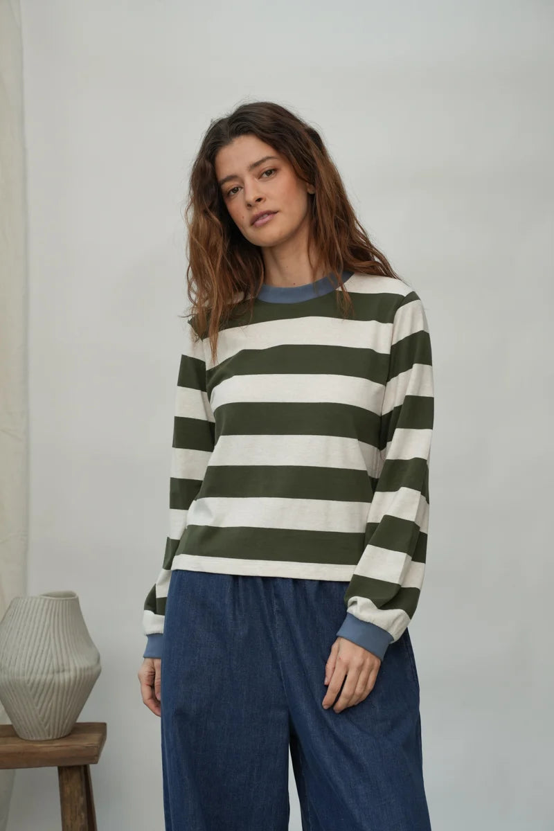 Sierra-Sue Organic Cotton Jersey Stripe Top in Olive & Ecru Marl Stripe