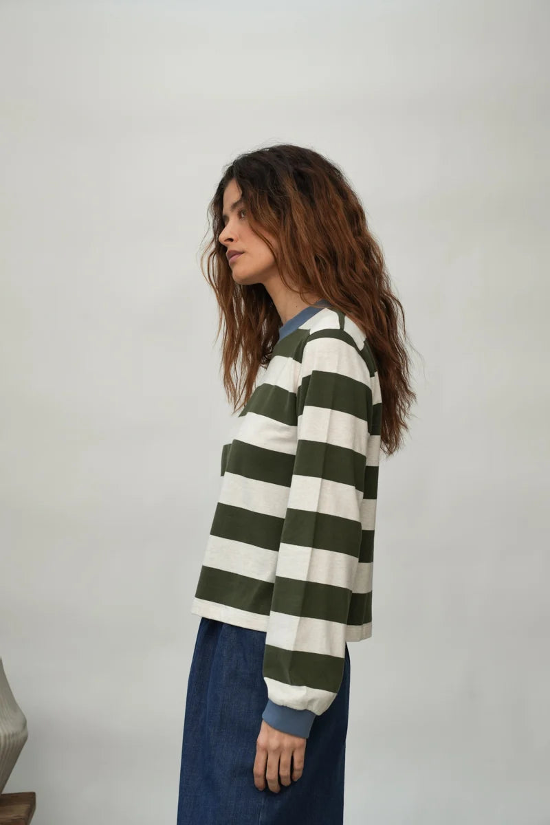 Sierra-Sue Organic Cotton Jersey Stripe Top in Olive & Ecru Marl Stripe
