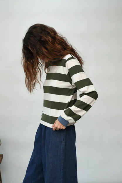 Sierra-Sue Organic Cotton Jersey Stripe Top in Olive & Ecru Marl Stripe