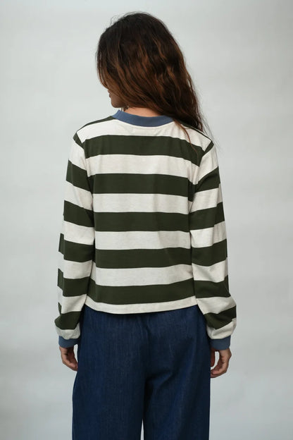 Sierra-Sue Organic Cotton Jersey Stripe Top in Olive & Ecru Marl Stripe