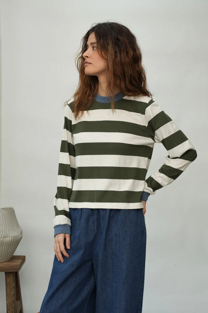 Sierra-Sue Organic Cotton Jersey Stripe Top in Olive & Ecru Marl Stripe