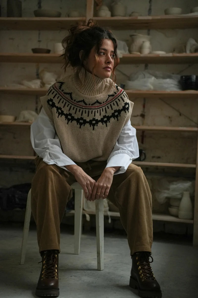 Kanon-Sue Recycled Wool Knitted Vest - Cream Marl Fairisle