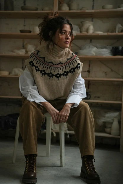 Kanon-Sue Recycled Wool Knitted Vest - Cream Marl Fairisle