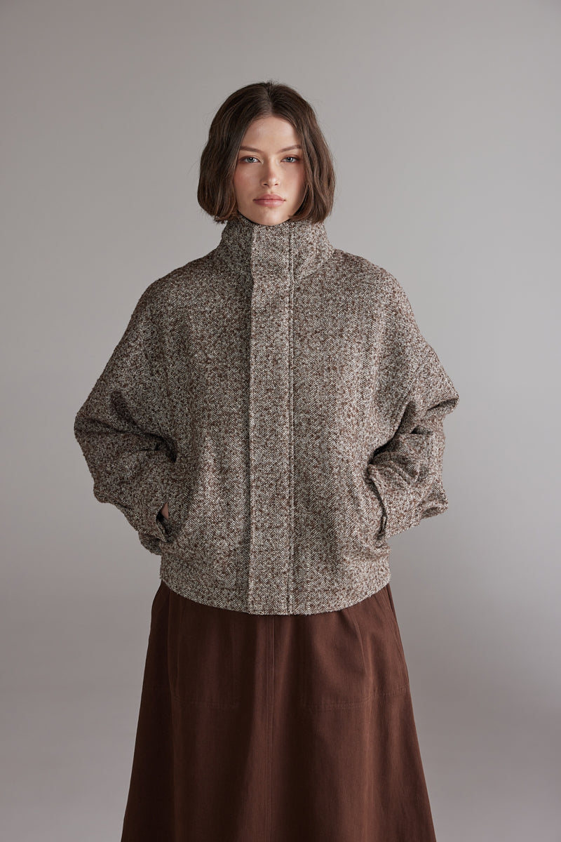 Wool Blend Bomber Jacket - Brown