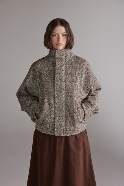 Wool Blend Bomber Jacket - Brown
