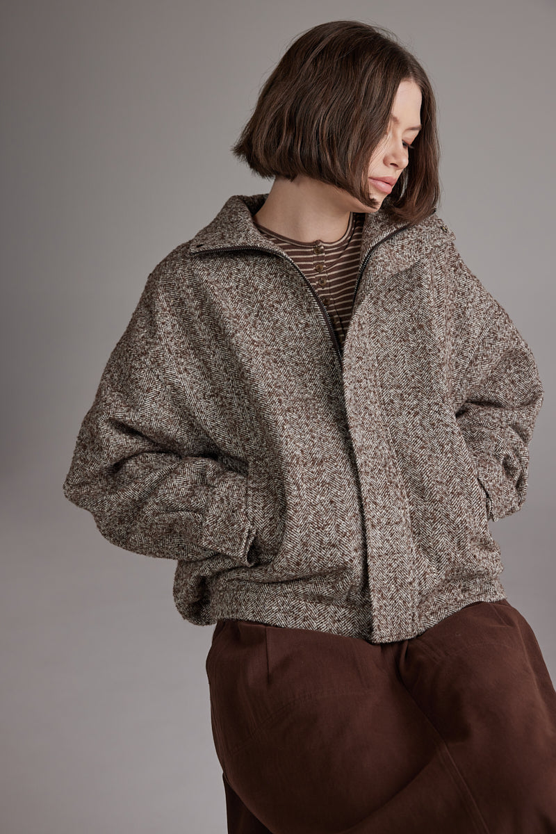 Wool Blend Bomber Jacket - Brown