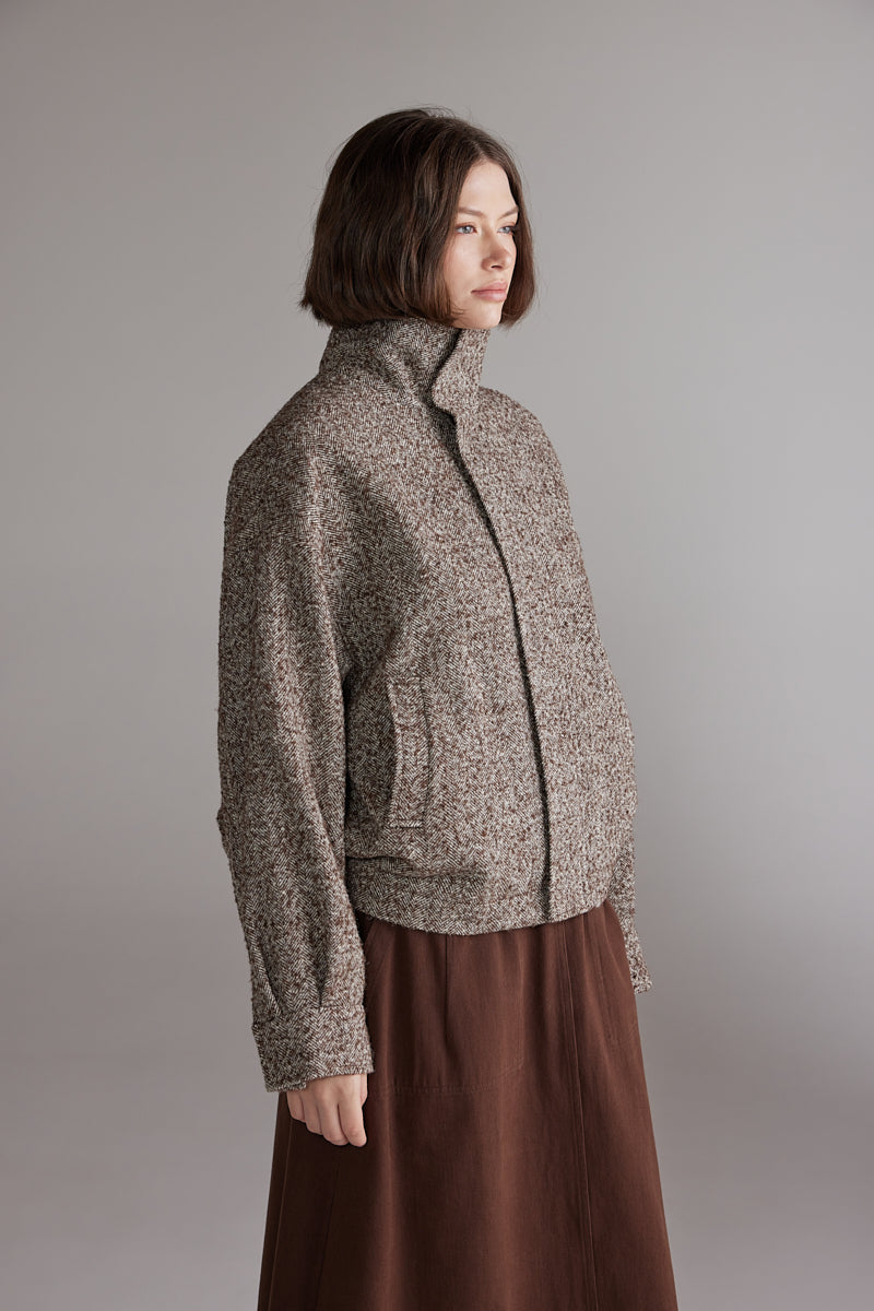 Wool Blend Bomber Jacket - Brown