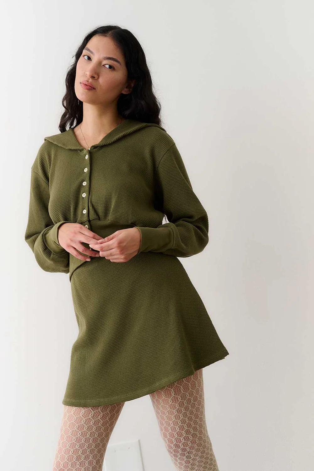 Waffle Sailor Cardigan - Olive