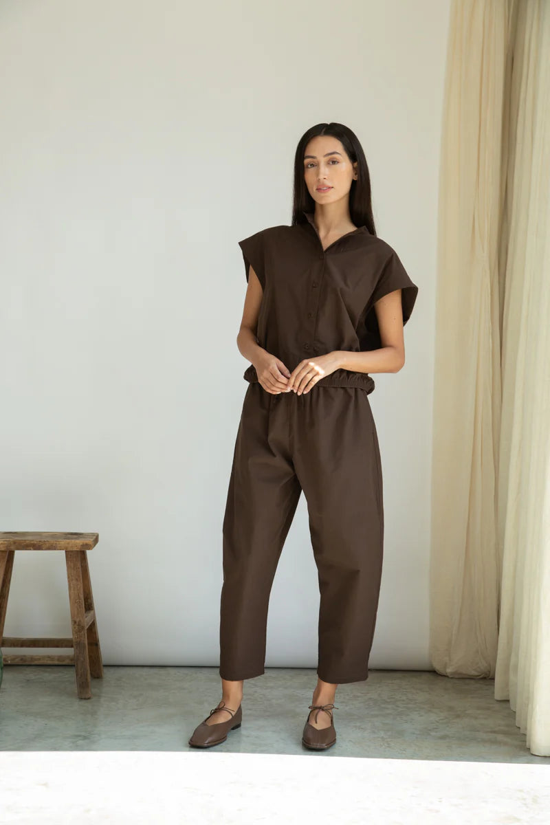 Nancy Organic Cotton Jersey and Poplin Shirt in Cacao