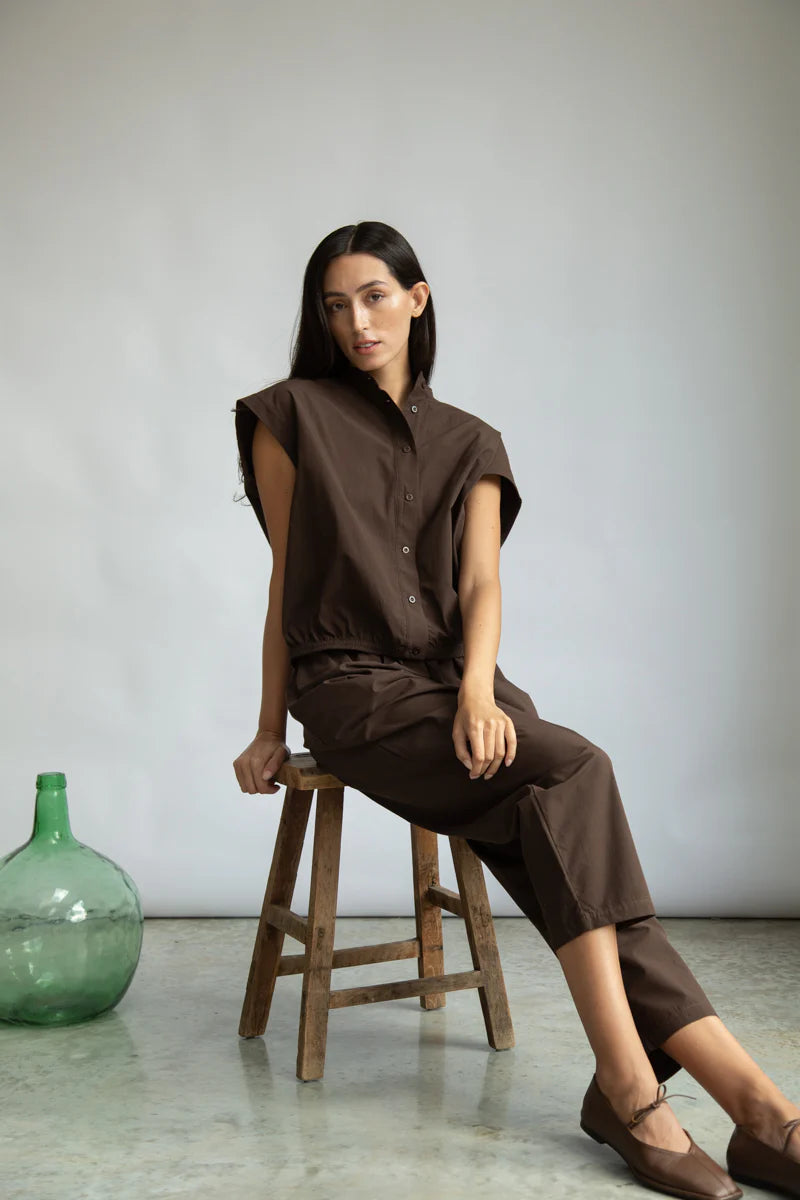 Nancy Organic Cotton Jersey and Poplin Shirt in Cacao