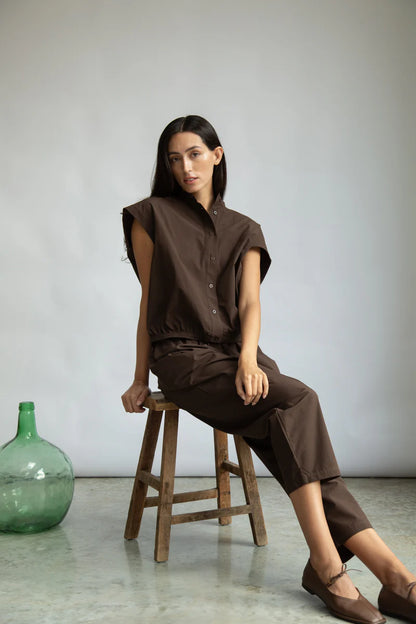 Nancy Organic Cotton Jersey and Poplin Shirt in Cacao
