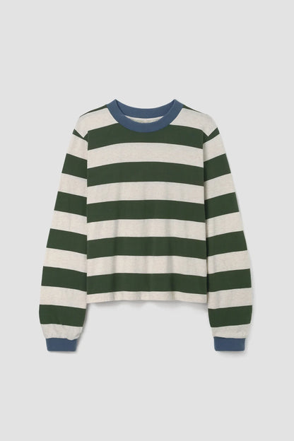 Sierra-Sue Organic Cotton Jersey Stripe Top in Olive & Ecru Marl Stripe