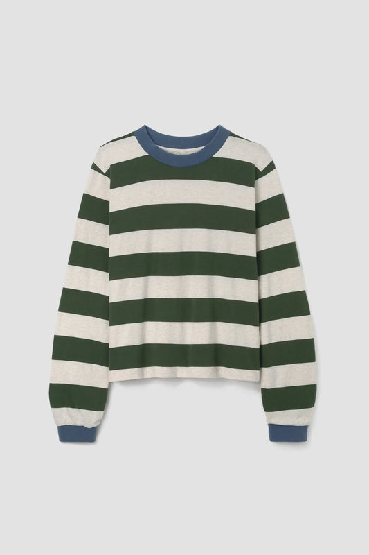 Sierra-Sue Organic Cotton Jersey Stripe Top in Olive & Ecru Marl Stripe