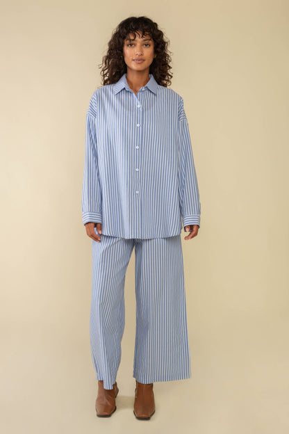 Delano Tencel Striped Oversized Button Down Shirt - Sky + Ivory