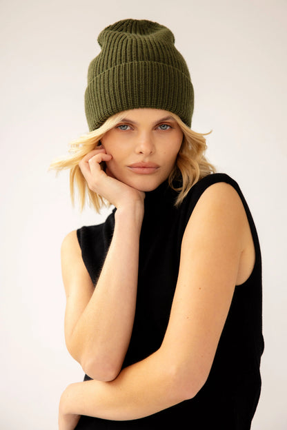 Merino Wool Beanie - Khaki Evergreen