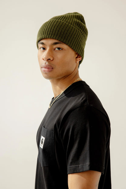 Merino Wool Beanie - Khaki Evergreen