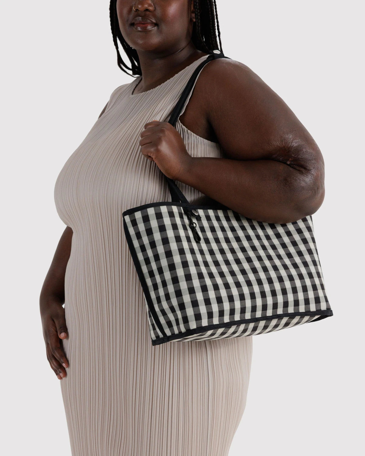 Medium Nylon Reversible Tote - Black Gingham Mix