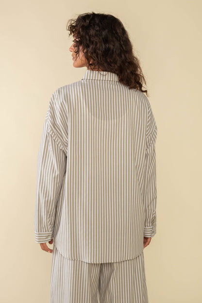 Delano Tencel Striped Oversized Button Down Shirt - Olive + Ivory