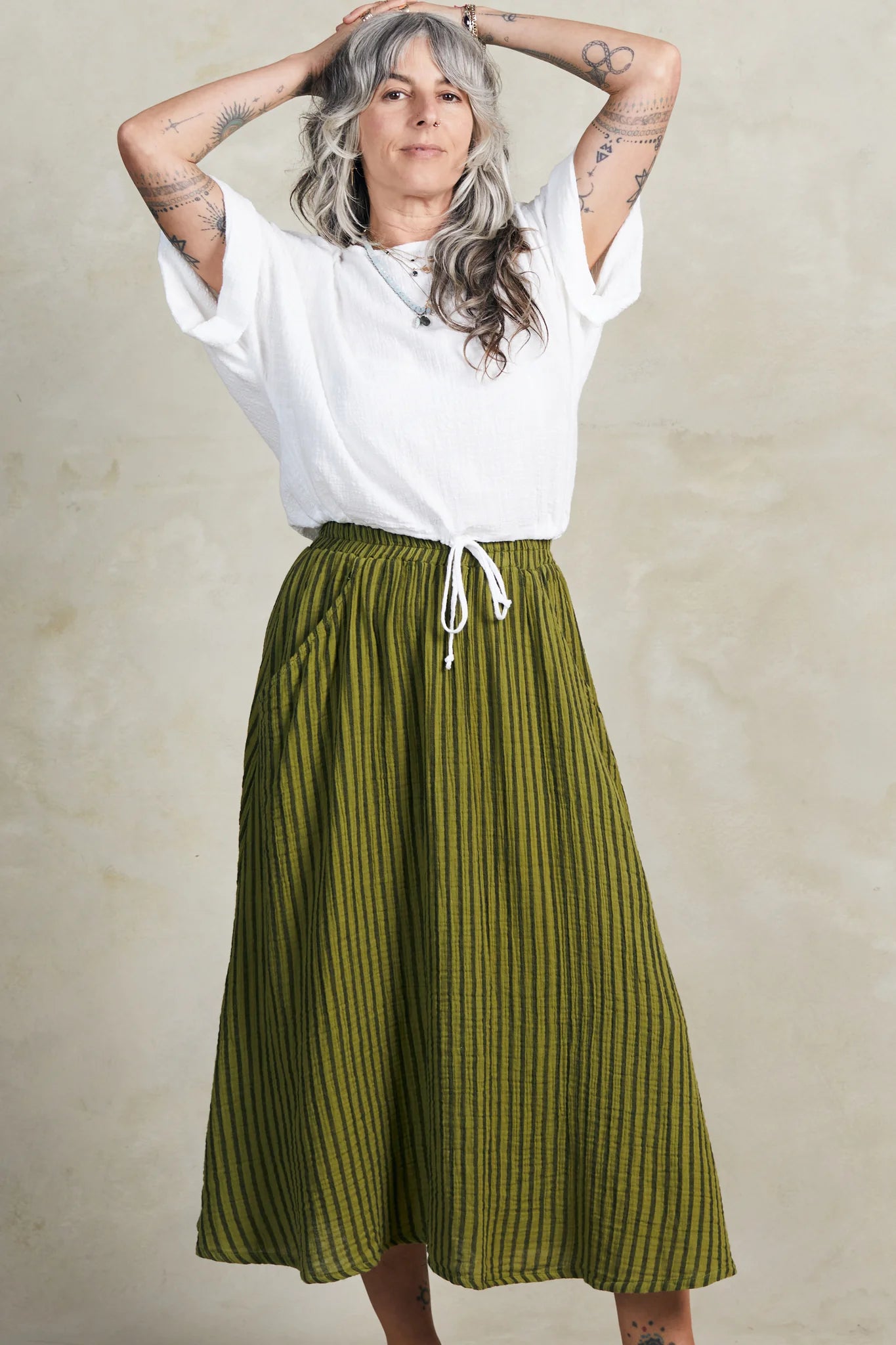 Fawn Skirt Stripe - Avocado + Black Stripe