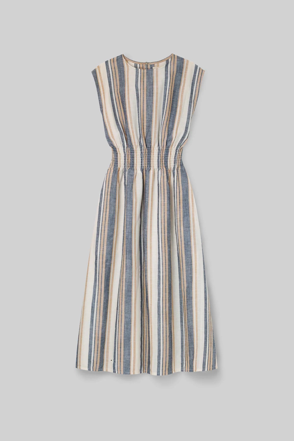 Ottillie-Sue Organic Cotton Woven Dress in Beige Multi Stripe