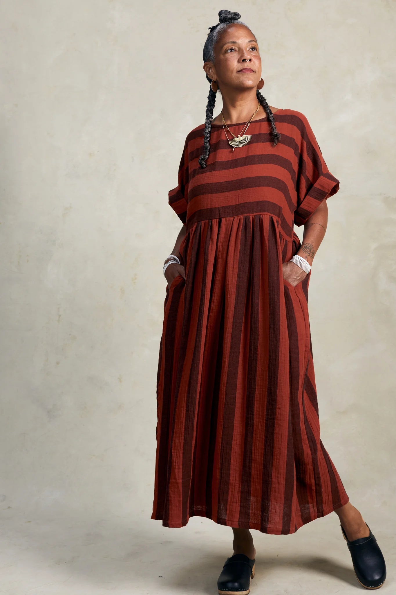 Perry Dress - Brick + Black Stripe