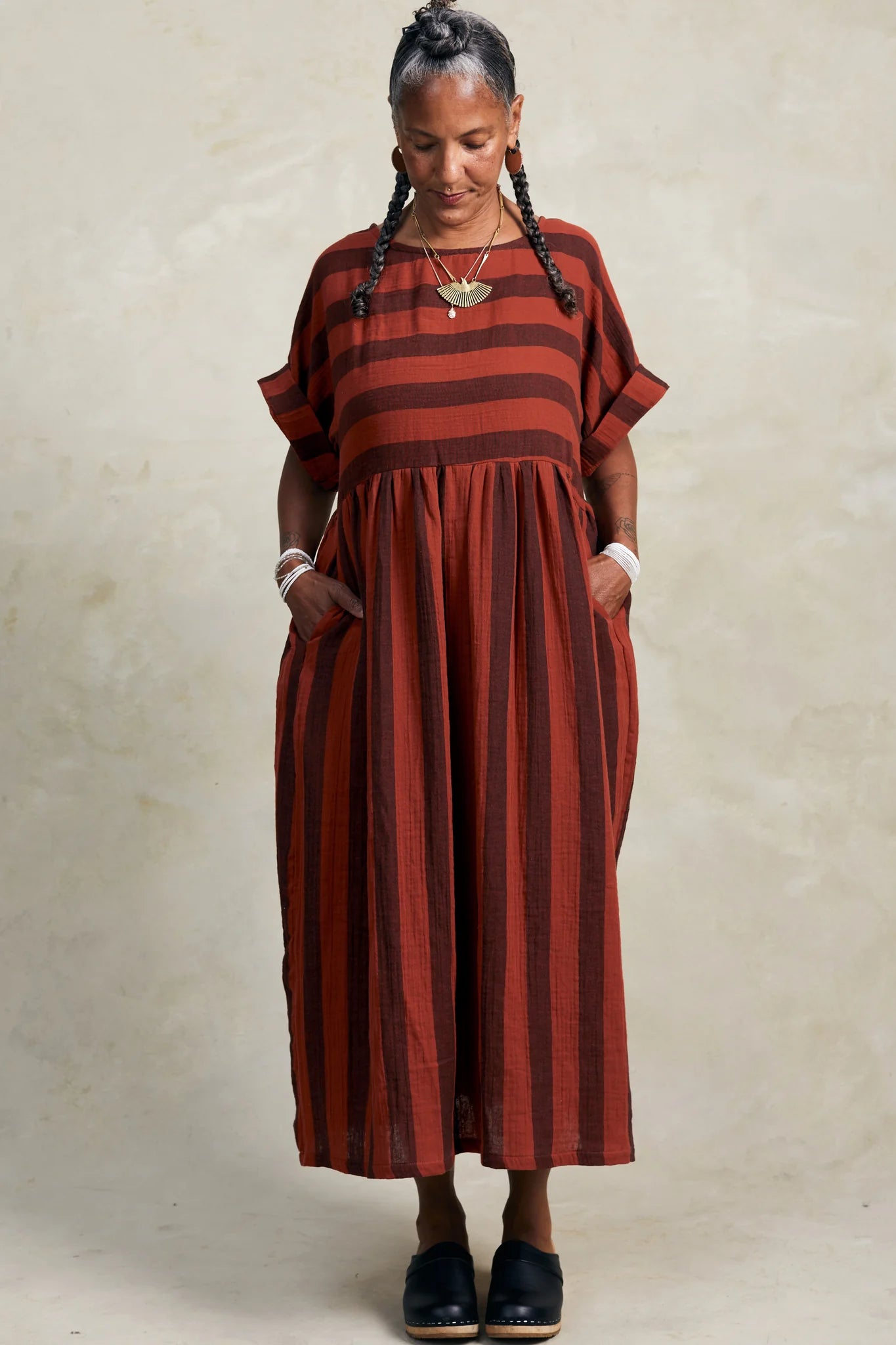 Perry Dress - Brick + Black Stripe